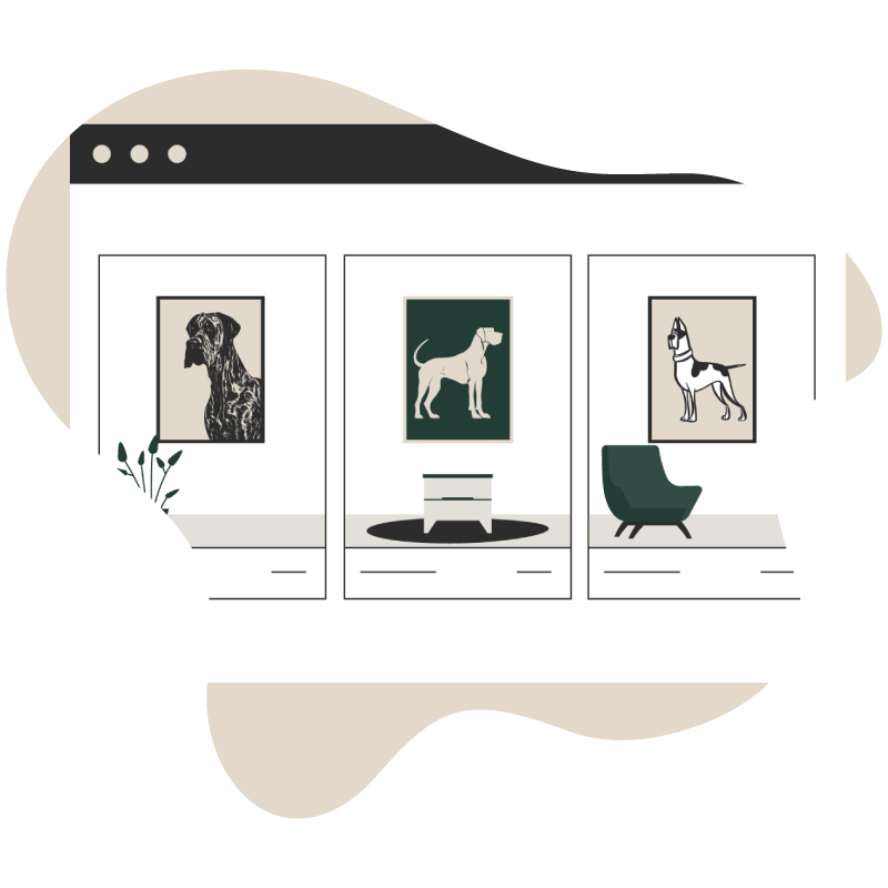 Illustration of an online gallery displaying three framed custom pet portraits in a modern living room setting.