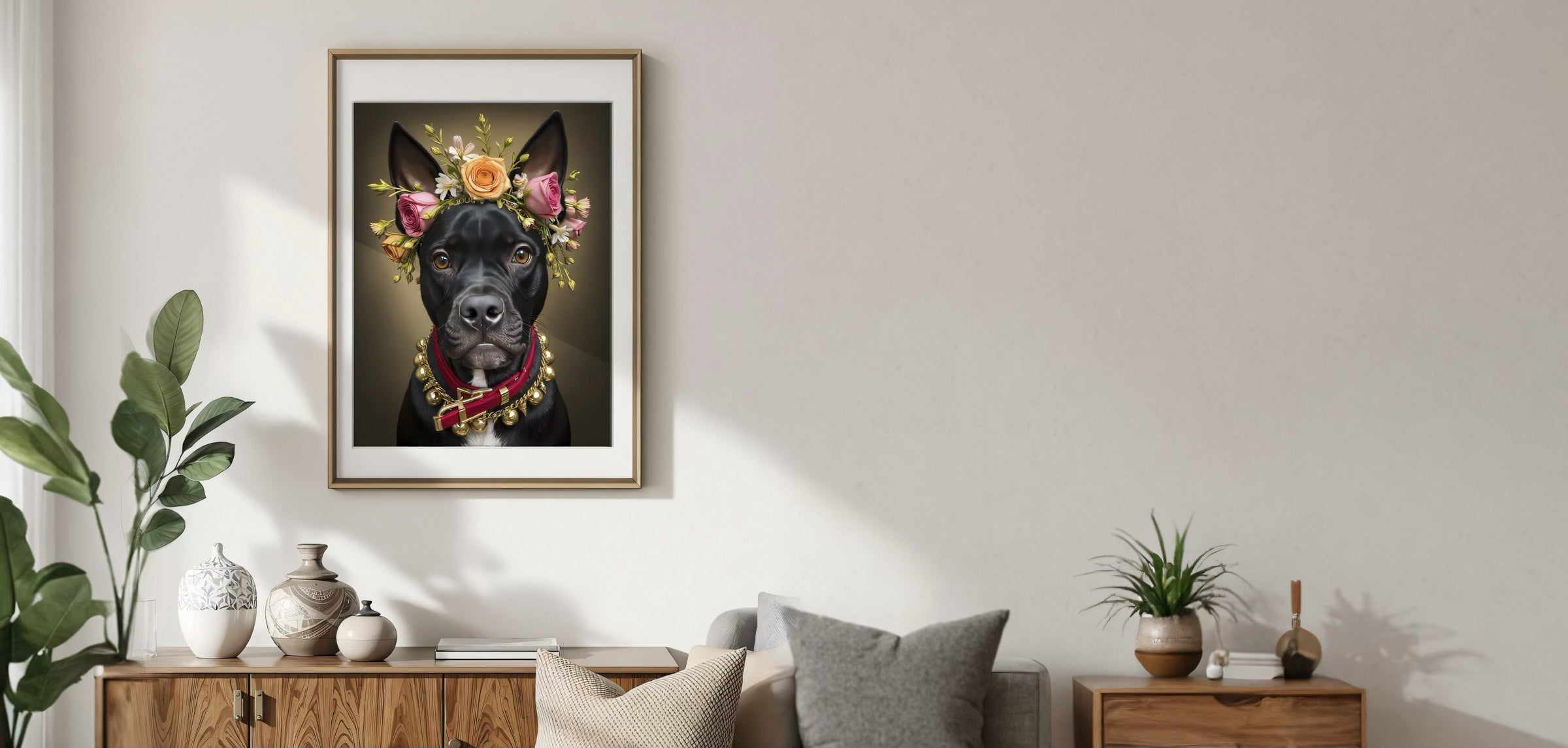 Funny custom pet portrait of black dog wearing flower crown and festive gold necklace, framed wall art in modern home setting