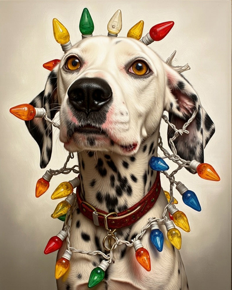 A realistic portrait of a Dalmatian dog wrapped in colorful vintage Christmas lights with a red collar. The festive lights glow softly against a warm beige background, capturing a cozy holiday mood in a painterly style.