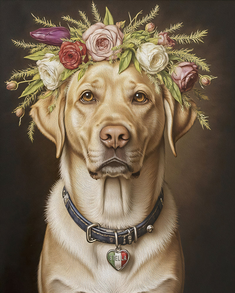 A golden retriever looking into camera adorned with a crown of flowers. This image exemplifies Paco Floyd’s Custom Pet Portrait 'Flower Crown' style.