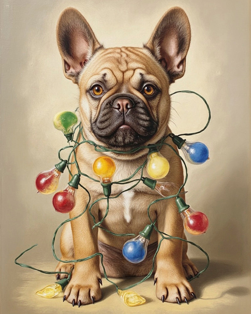 A realistic portrait of a dog wrapped in colorful vintage Christmas lights with a red collar. The festive lights glow softly against a warm beige background, capturing a cozy holiday mood in a painterly style.