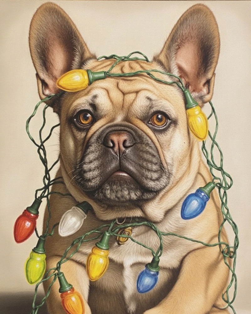 A realistic portrait of a dog wrapped in colorful vintage Christmas lights with a red collar. The festive lights glow softly against a warm beige background, capturing a cozy holiday mood in a painterly style.