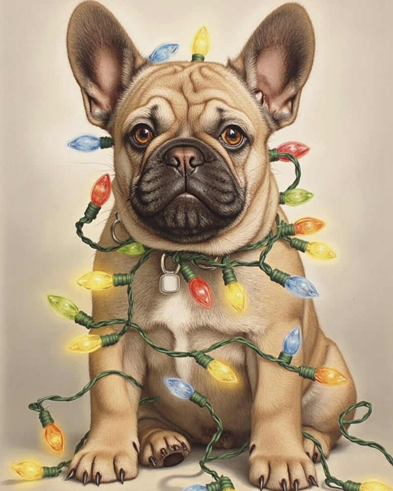 A realistic portrait of a dog wrapped in colorful vintage Christmas lights with a red collar. The festive lights glow softly against a warm beige background, capturing a cozy holiday mood in a painterly style.