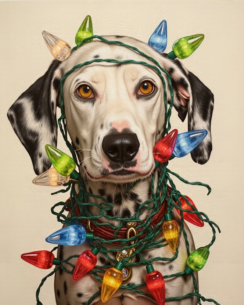 A realistic portrait of a dog wrapped in colorful vintage Christmas lights with a red collar. The festive lights glow softly against a warm beige background, capturing a cozy holiday mood in a painterly style.