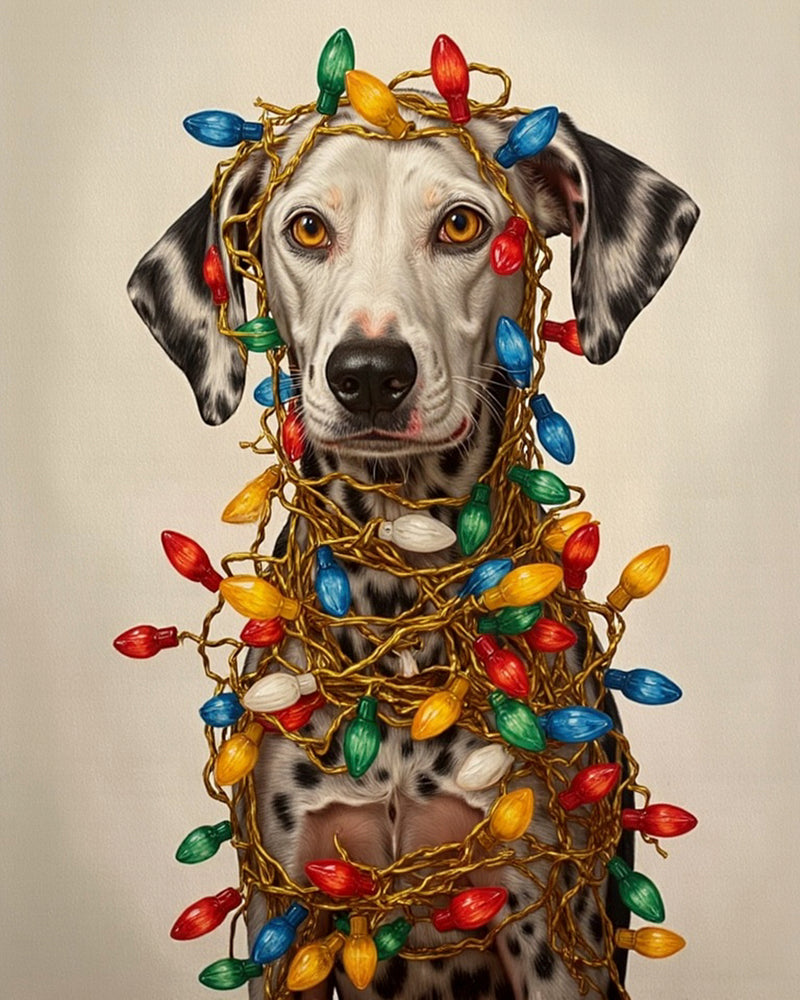A realistic portrait of a dog wrapped in colorful vintage Christmas lights with a red collar. The festive lights glow softly against a warm beige background, capturing a cozy holiday mood in a painterly style.