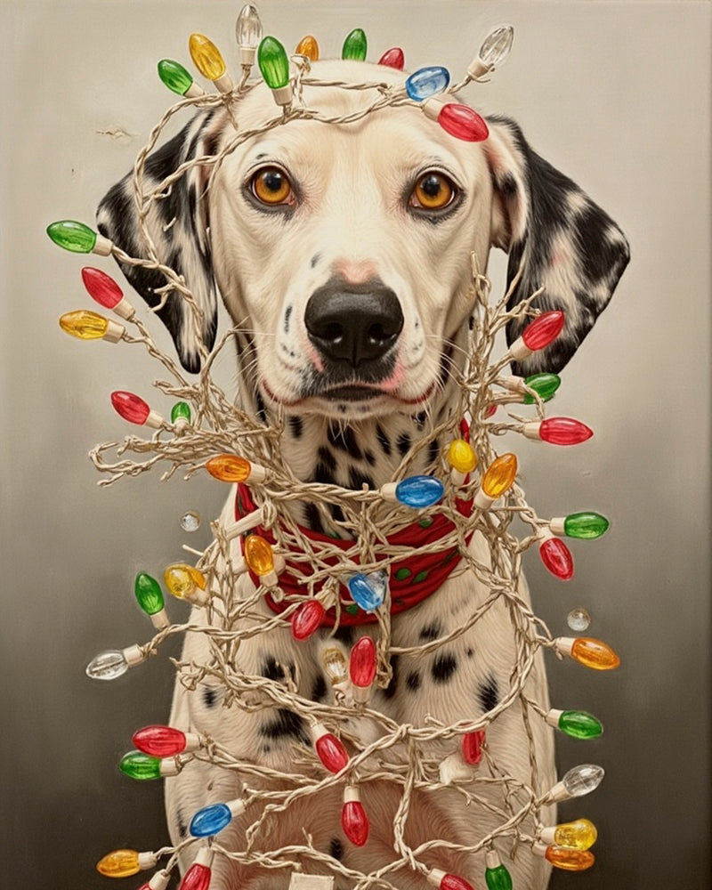 A realistic portrait of a dog wrapped in colorful vintage Christmas lights with a red collar. The festive lights glow softly against a warm beige background, capturing a cozy holiday mood in a painterly style.