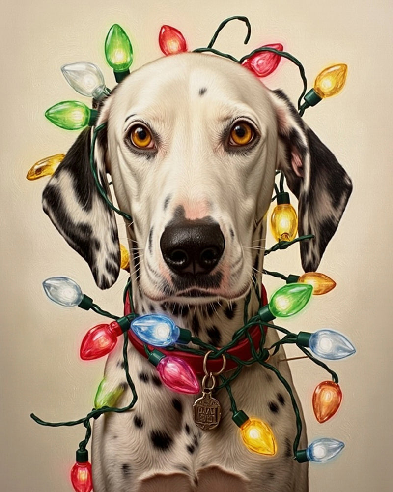A realistic portrait of a dog wrapped in colorful vintage Christmas lights with a red collar. The festive lights glow softly against a warm beige background, capturing a cozy holiday mood in a painterly style.