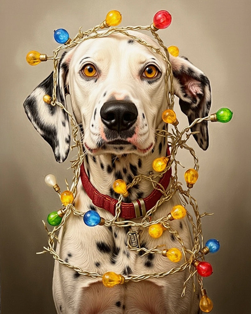 A realistic portrait of a Dalmatian dog wrapped in colorful vintage Christmas lights with a red collar. The festive lights glow softly against a warm beige background, capturing a cozy holiday mood in a painterly style.