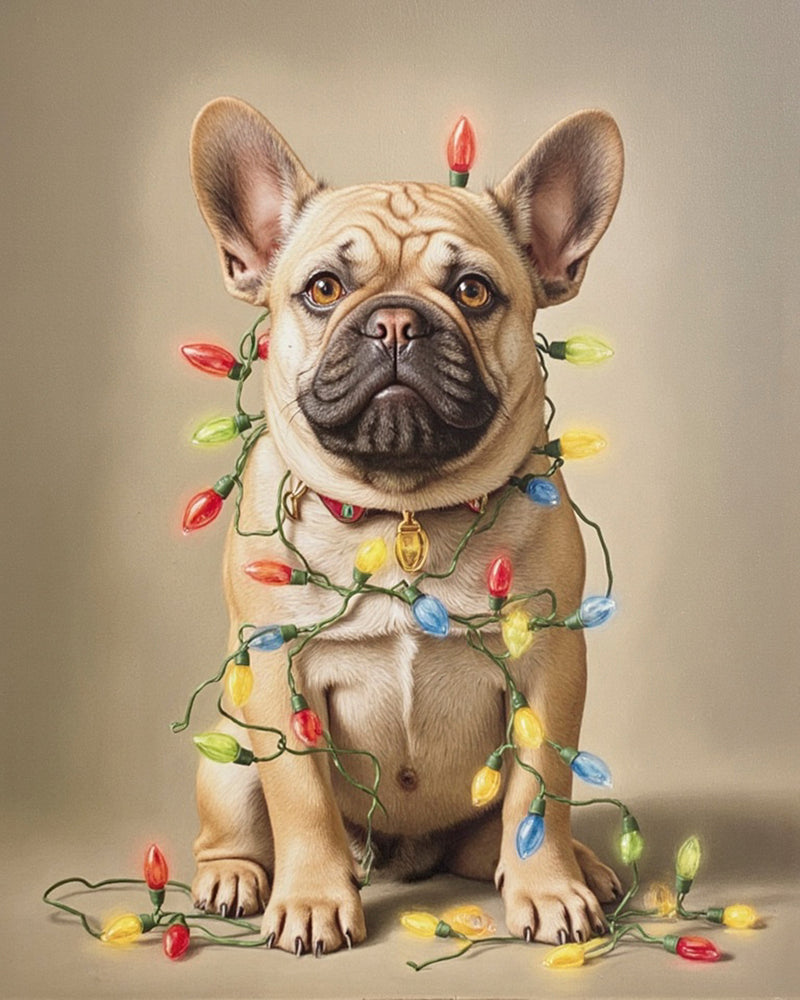 A realistic portrait of a dog wrapped in colorful vintage Christmas lights with a red collar. The festive lights glow softly against a warm beige background, capturing a cozy holiday mood in a painterly style.