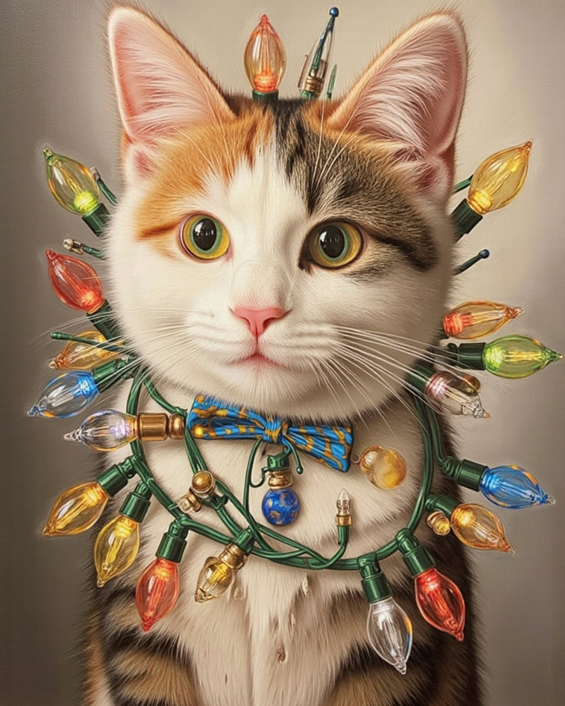 A realistic portrait of a cat wrapped in colorful vintage Christmas lights with a red collar. The festive lights glow softly against a warm beige background, capturing a cozy holiday mood in a painterly style.