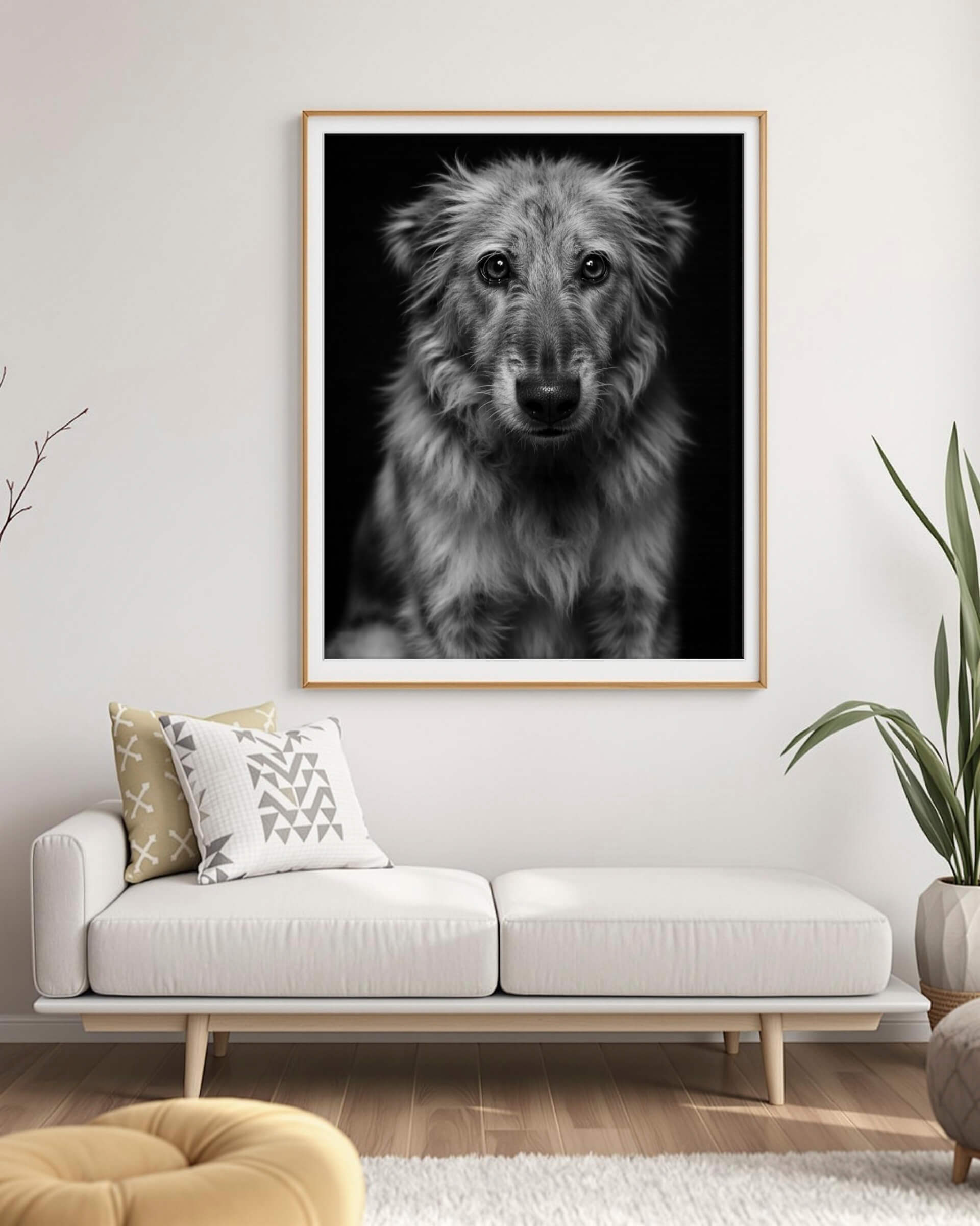 An example of a high-end black and white studio-style pet portrait featuring a tall breed dog, framed and hanging on the wall in a living room. This image showcases Paco Floyd’s Custom Pet Portrait 'Black and White' style.