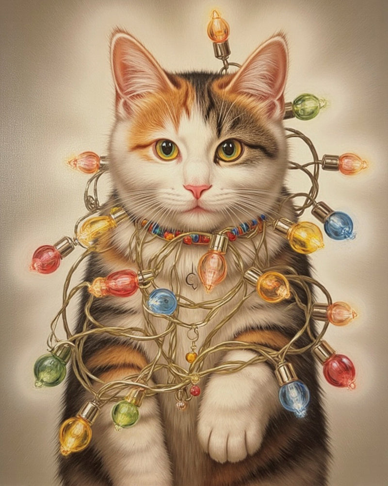 A realistic portrait of a cat wrapped in colorful vintage Christmas lights with a red collar. The festive lights glow softly against a warm beige background, capturing a cozy holiday mood in a painterly style.