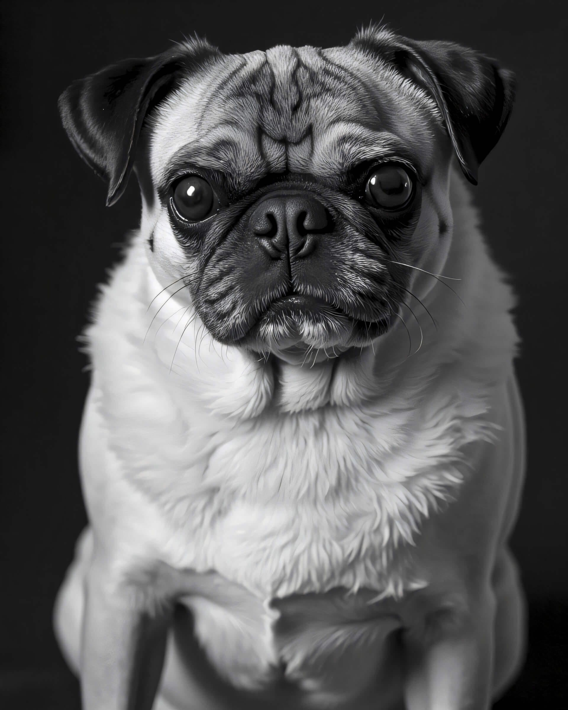 An example of a custom black and white studio-style pet portrait featuring a pug, Paco Floyd’s Custom Pet Portrait 'Black and White' style.