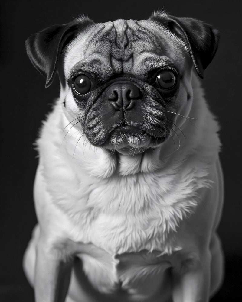 An example of a custom black and white studio-style pet portrait featuring a pug, Paco Floyd’s Custom Pet Portrait 'Black and White' style.
