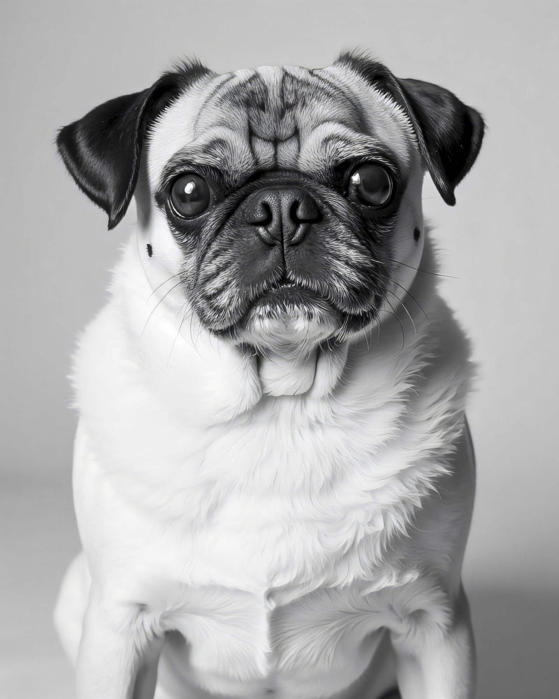 An example of a custom black and white studio-style pet portrait featuring a pug dog with a light background, Paco Floyd’s Custom Pet Portrait 'Black and White' style.