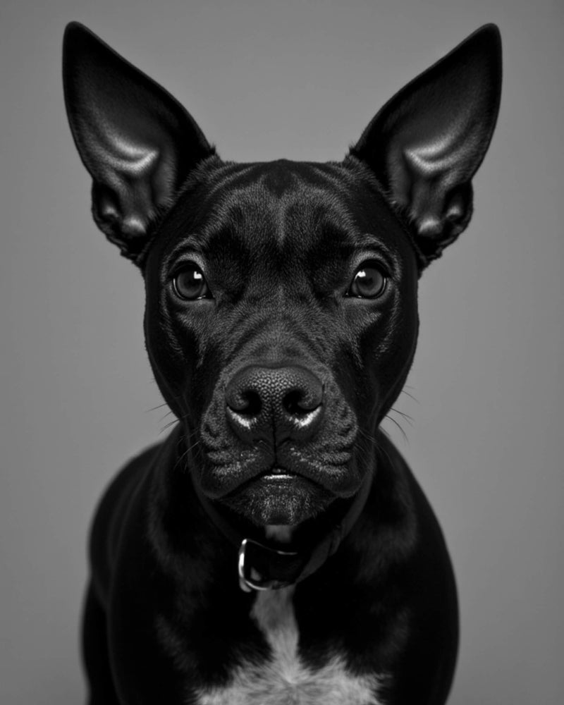 An example of a custom black and white studio-style pet portrait featuring a black pit mix dog on a grey background, Paco Floyd’s Custom Pet Portrait 'Black and White' style.