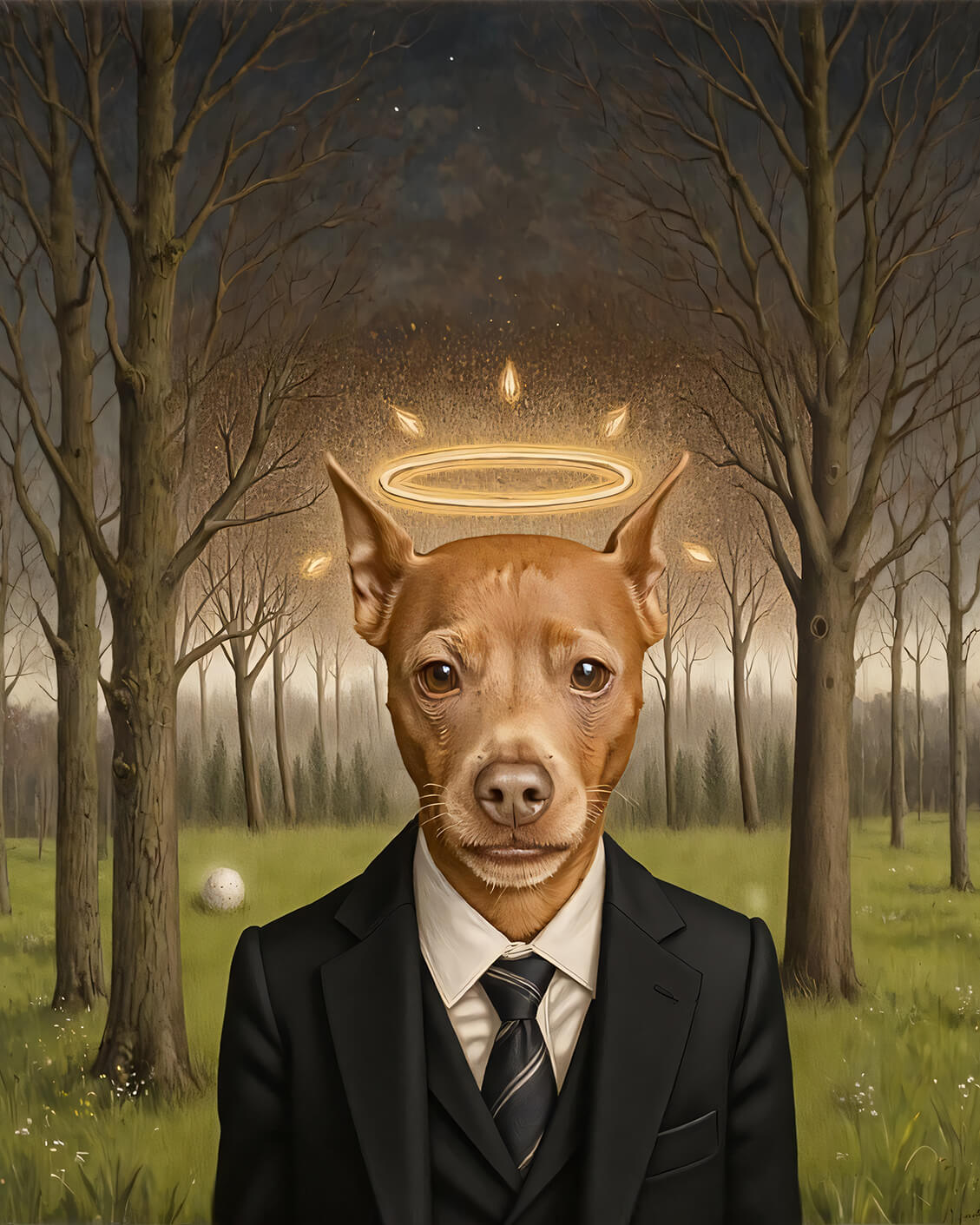 An example of a custom oil painting-style pet portrait featuring a Chihuahua wearing a suit with a halo, standing in a forest. This image showcases Paco Floyd’s Custom Pet Portrait 'Halo/Memorial' style.