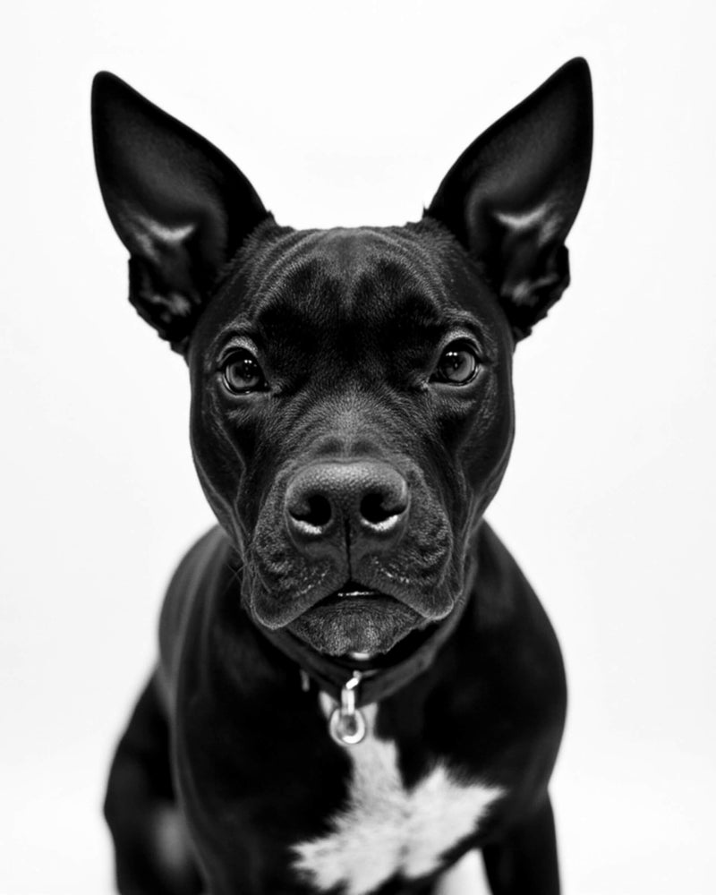 An example of a custom black and white studio-style pet portrait featuring a black pit mix dog, Paco Floyd’s Custom Pet Portrait 'Black and White' style.