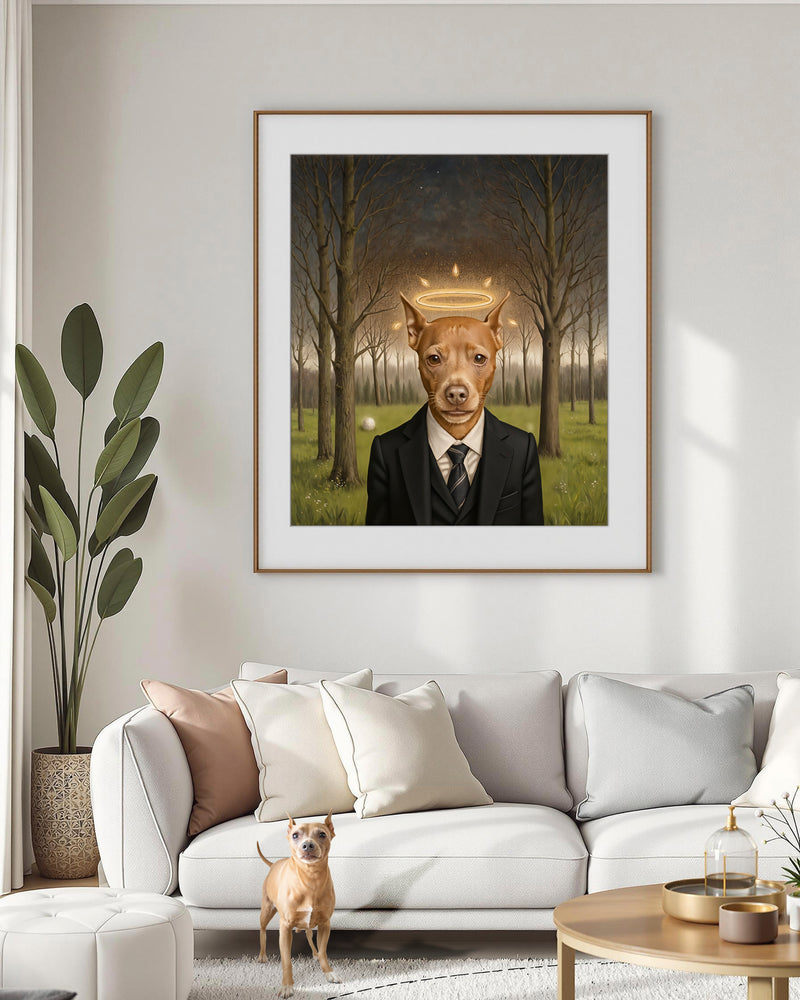 A Chihuahua stands in the middle of a mid-century modern living room, positioned in front of the couch. Above the couch, a large framed portrait of the same dog is displayed, depicting him wearing a suit with a halo above his head. This image exemplifies Paco Floyd’s Custom Pet Portrait 'Halo/Memorial' style.