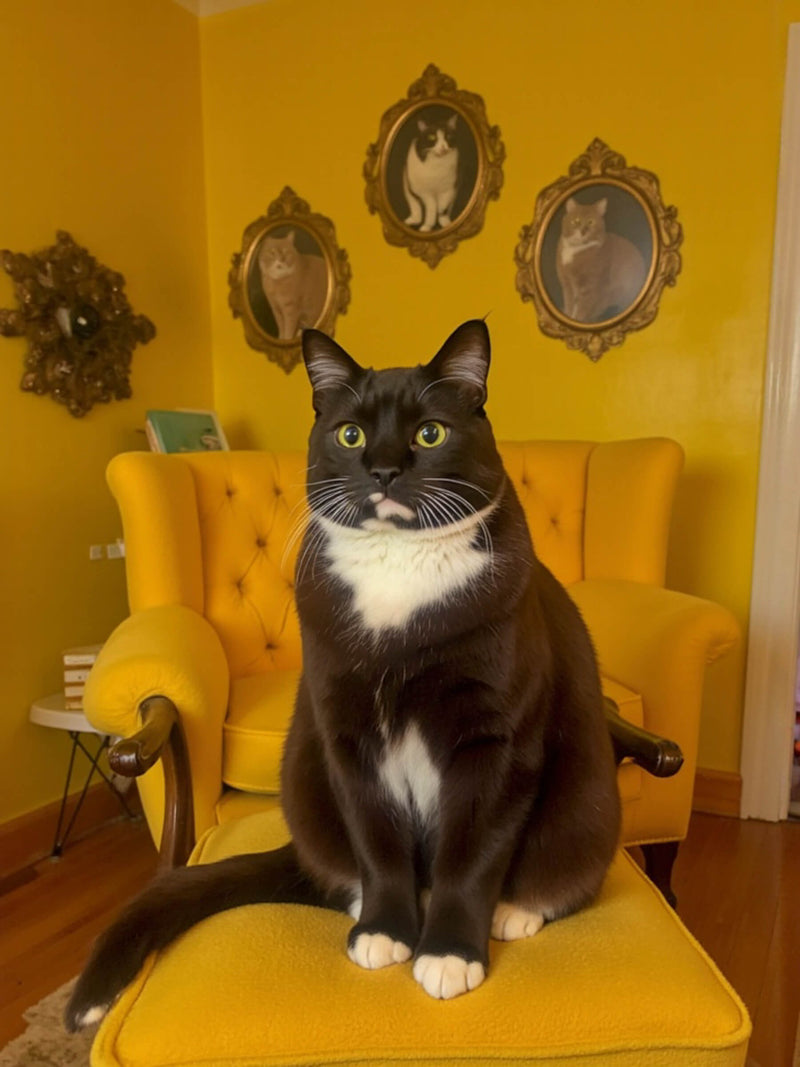 A black cat sits in a yellow chair in a vibrant yellow room. Framed portraits of other cats hang on the wall, adding to the artistic display. This image showcases the 'Cinematic' style of Paco Floyd Custom Pet Portraits.