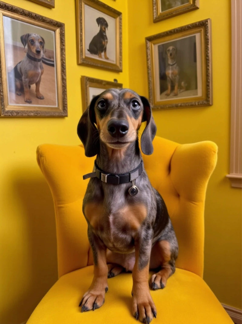 A small dog sits in a yellow chair in the corner of a vibrant yellow room. Framed portraits of other dogs hang on the wall, adding to the artistic display. This image showcases the 'Cinematic' style of Paco Floyd Custom Pet Portraits.