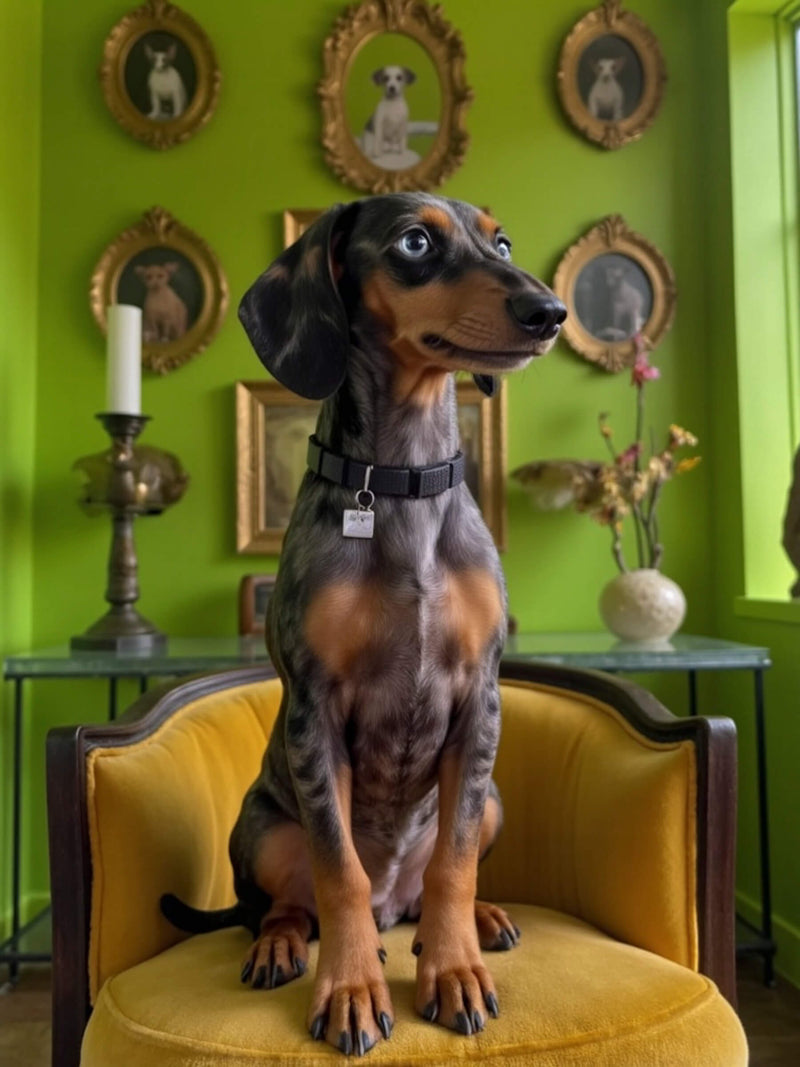 A small dog sits in a yellow chair in the corner of a vibrant green room. Framed portraits of other dogs hang on the wall, adding to the artistic display. This image showcases the 'Cinematic' style of Paco Floyd Custom Pet Portraits.