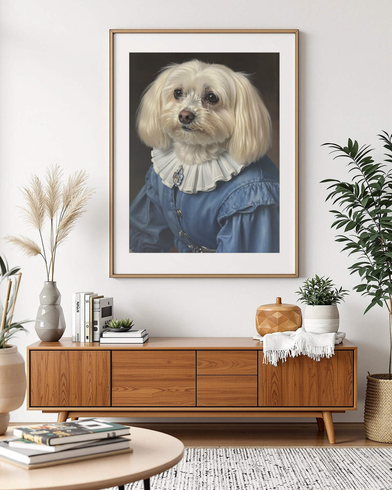 A large framed portrait of a dog hangs on the wall in a mid-century modern living room. This image exemplifies the 'Dutch Master' style of Paco Floyd Custom Pet Portraits.