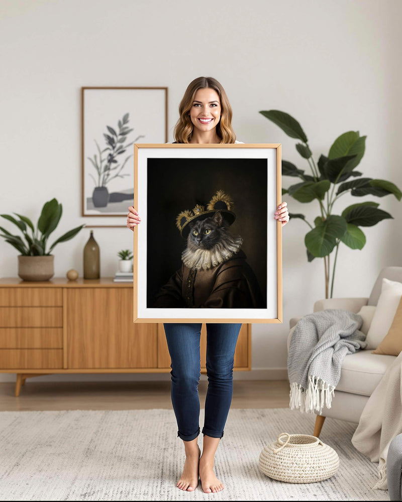 Photo of a woman holding a framed image of a black and grey cat dressed in an 1800s-style  suit, depicted in a Renaissance-style painting. This image is an example of Paco Floyd’s Custom Pet Portrait 'Dutch Master' style.