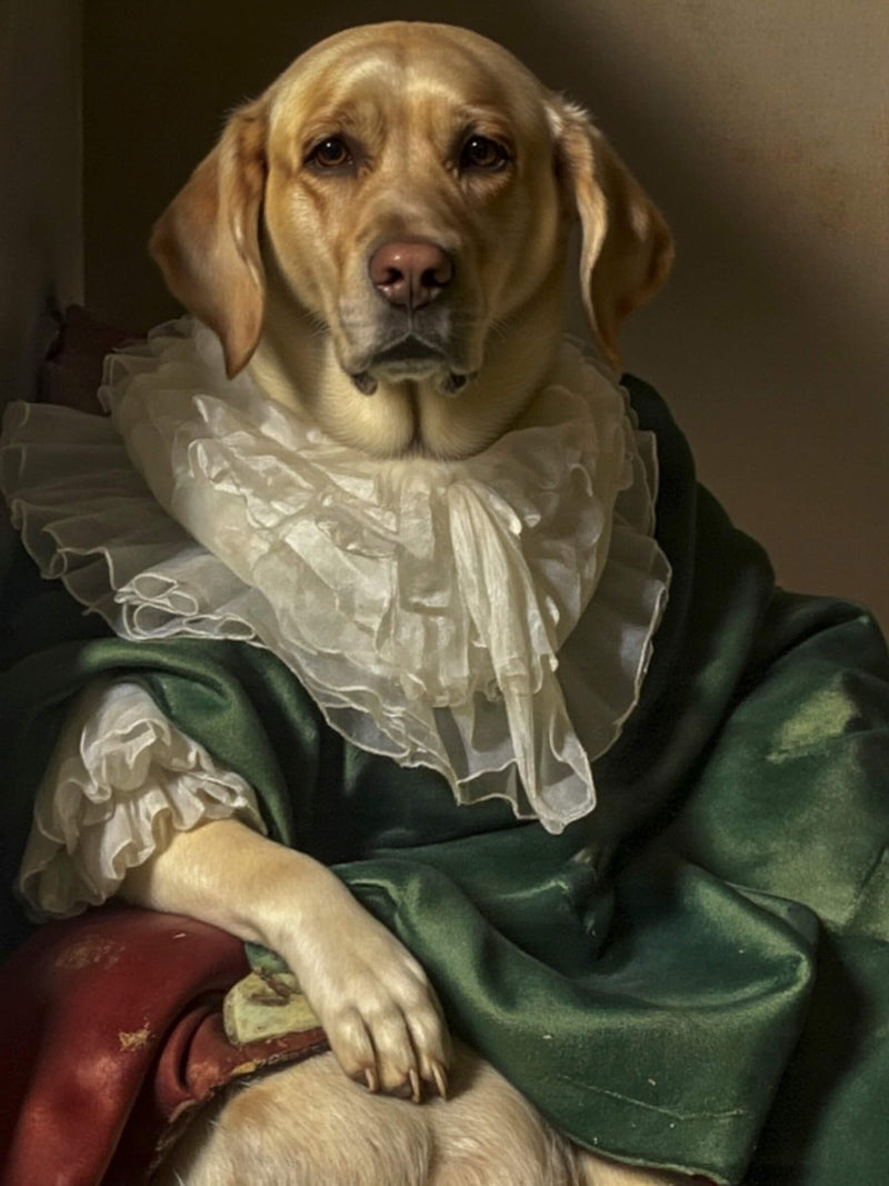A golden dog dressed in an 1800s-style  suit, depicted in a Renaissance-style painting. This image is an example of Paco Floyd’s Custom Pet Portrait 'Dutch Master' style.