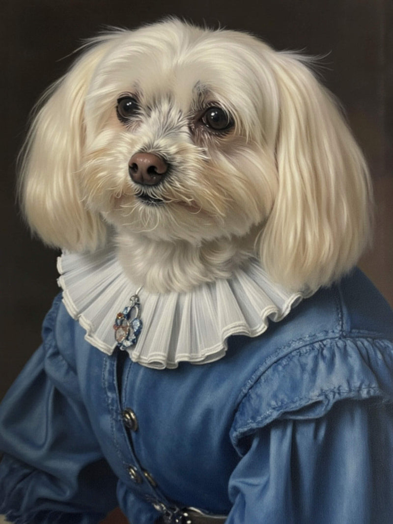 A small dog dressed in an 1800s-style blue suit, depicted in a Renaissance-style painting. This image is an example of Paco Floyd’s Custom Pet Portrait 'Dutch Master' style.