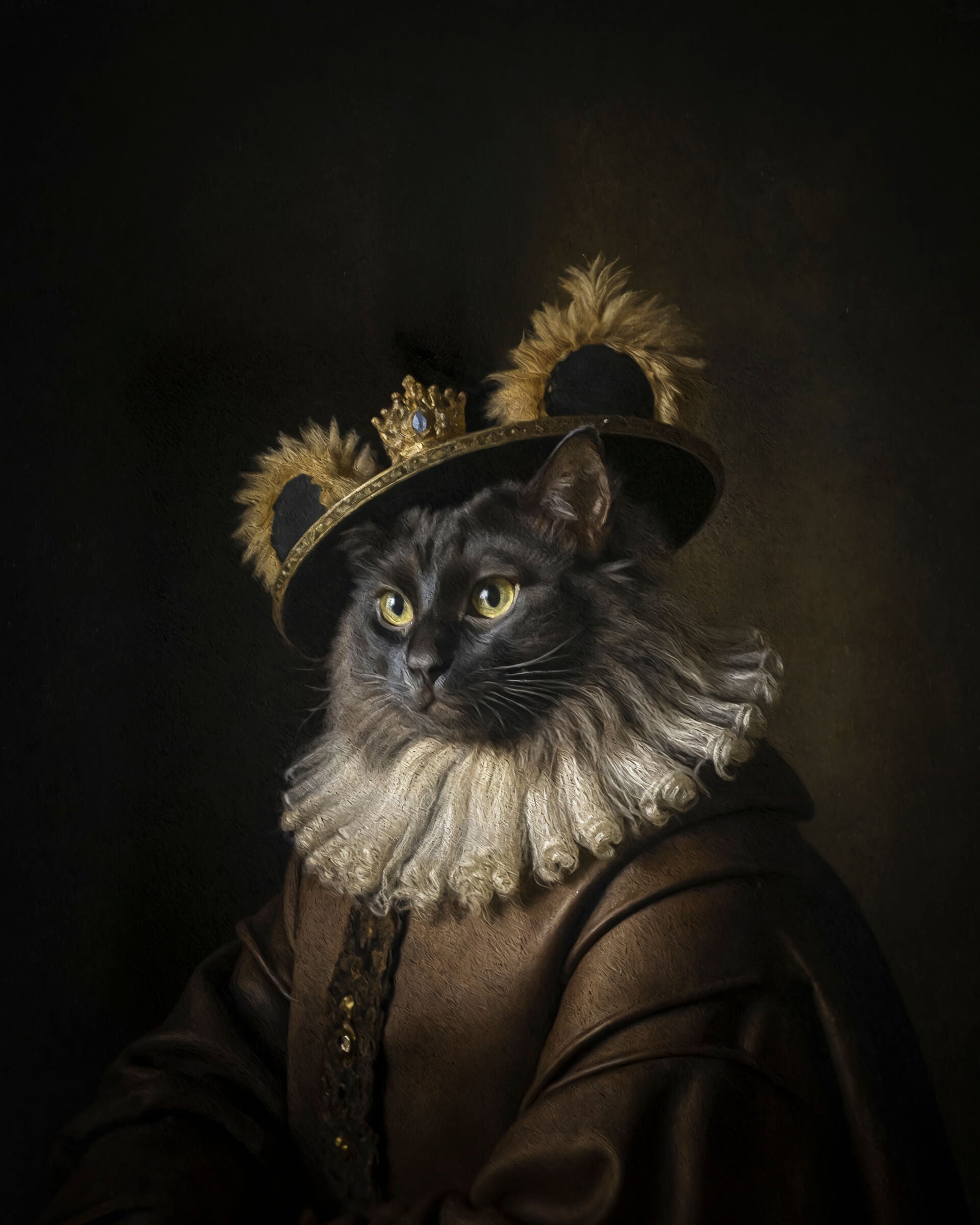 A black and grey cat dressed in an 1800s-style  suit, depicted in a Renaissance-style painting. This image is an example of Paco Floyd’s Custom Pet Portrait 'Dutch Master' style.