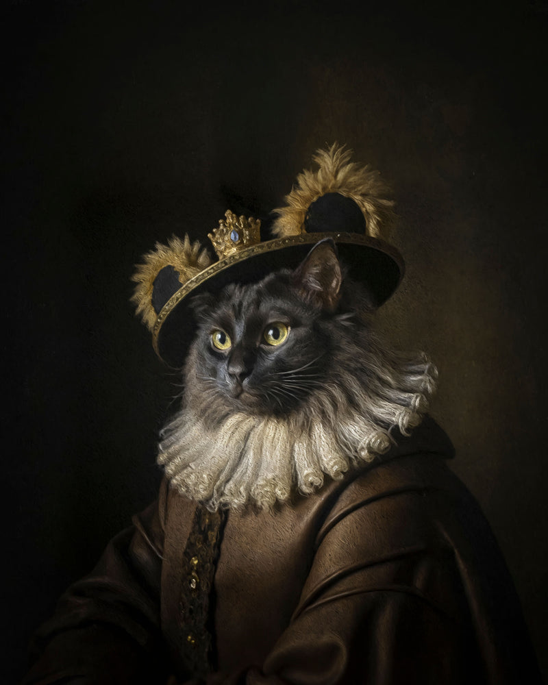 A black and grey cat dressed in an 1800s-style  suit, depicted in a Renaissance-style painting. This image is an example of Paco Floyd’s Custom Pet Portrait 'Dutch Master' style.