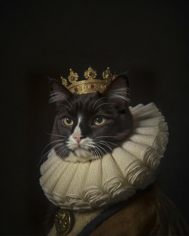 A black and grey cat wearing a crown dressed in an 1800s-style  suit, depicted in a Renaissance-style painting. This image is an example of Paco Floyd’s Custom Pet Portrait 'Dutch Master' style.