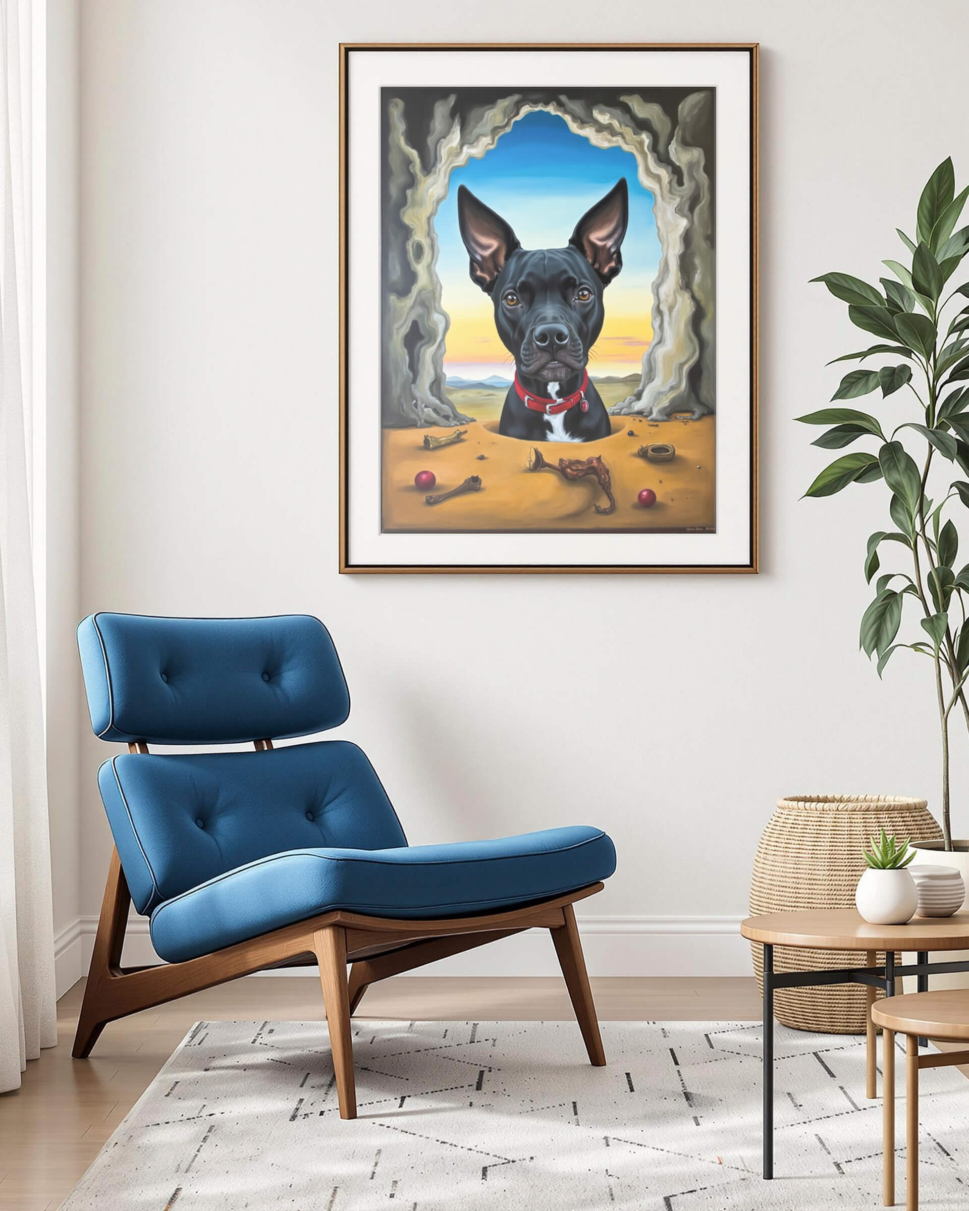 An example of a custom surrealist pet portrait featuring a dog sticking its head out of a hole, framed and displayed in a living room.