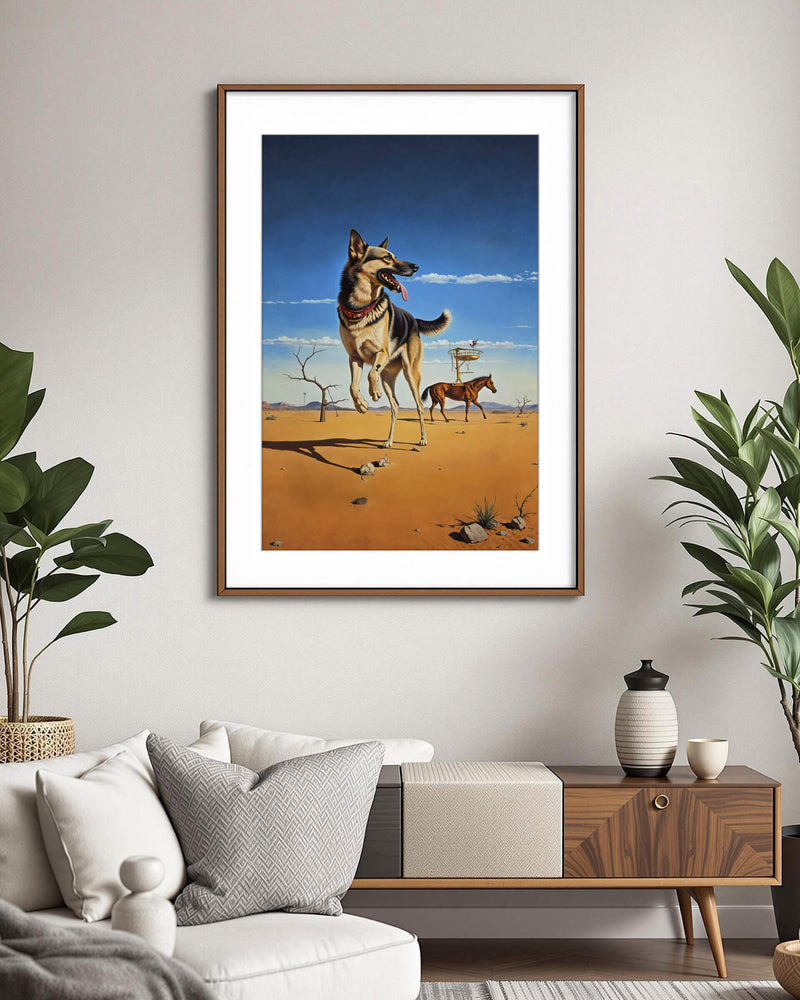 An example of a custom surrealist pet portrait featuring a dog standing on its hind legs with a horse in the background, framed and displayed in a living room.