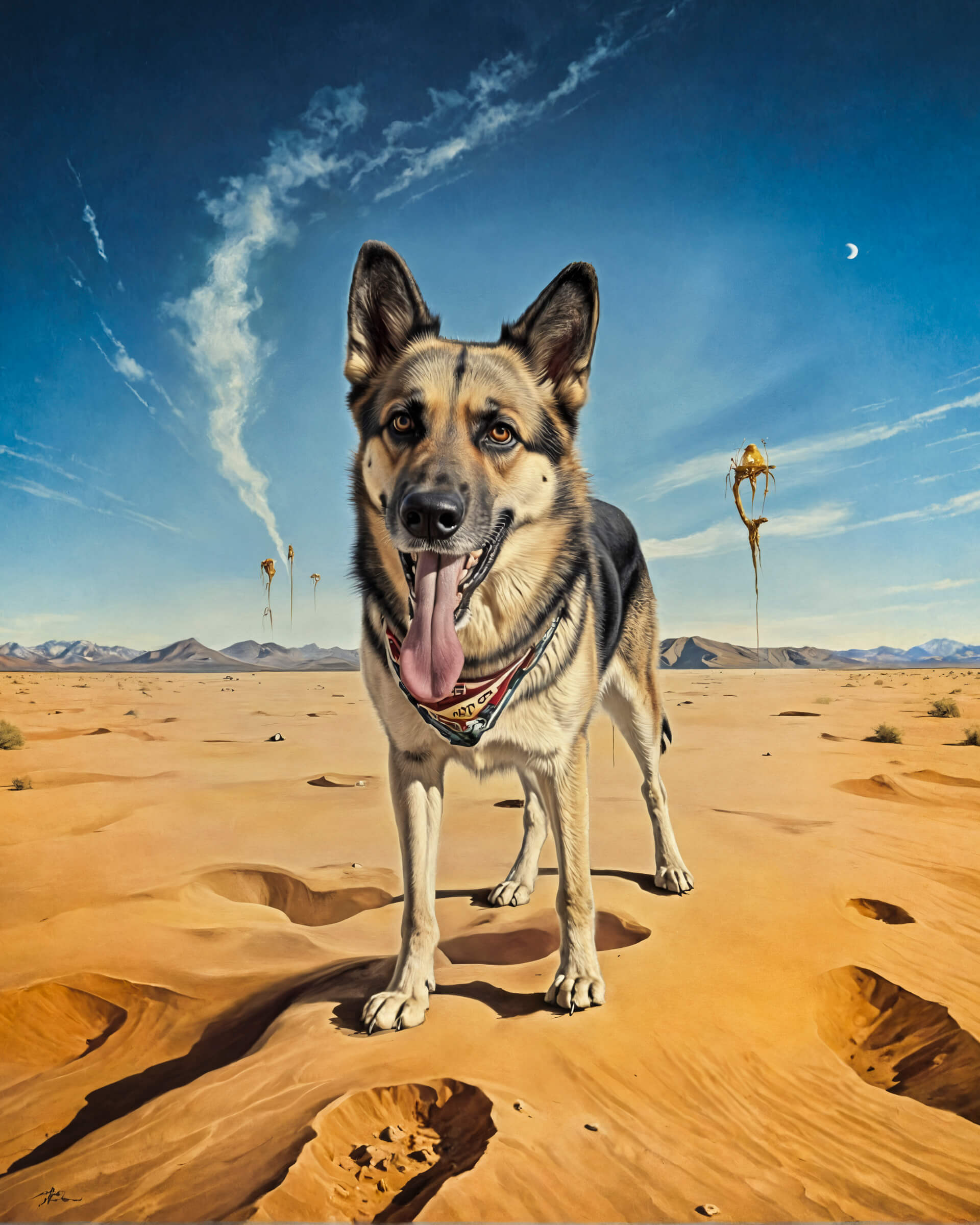 An example of a custom surrealist pet portrait featuring a dog standing in a desert landscape, showcasing a whimsical and dreamlike style inspired by Salvador Dalí.