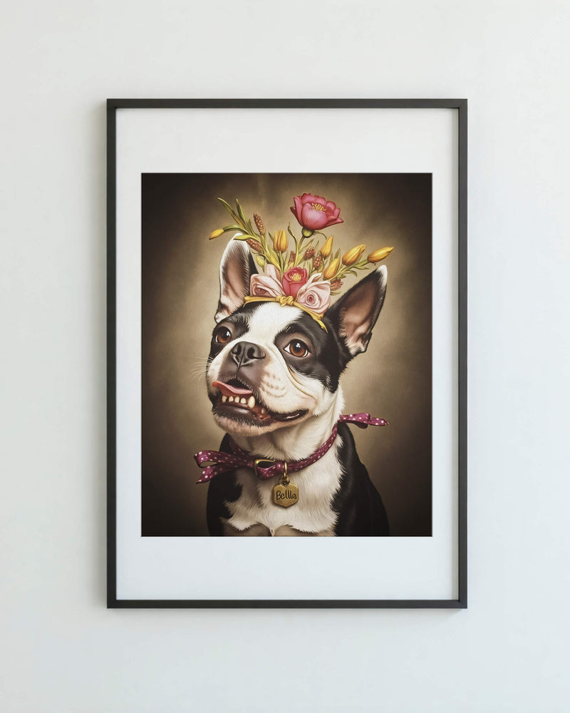 A framed oil painting of a Boston Terrier adorned with a crown of flowers hangs on the wall. This image exemplifies Paco Floyd’s Custom Pet Portrait 'Flower Crown' style.