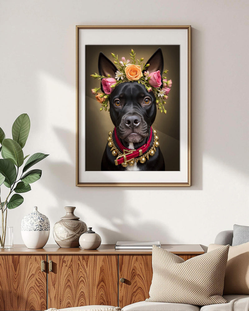 A black dog sits in a mid-century modern living room. On the wall, a framed oil painting of a Boston Terrier adorned with a crown of flowers is displayed. This image exemplifies Paco Floyd’s Custom Pet Portrait 'Flower Crown' style.