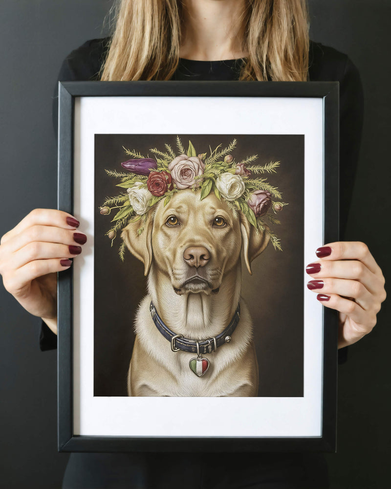 A woman dressed in all black stands against a black background, holding a framed portrait of a golden retriever adorned with a crown of flowers. This image exemplifies Paco Floyd’s Custom Pet Portrait 'Flower Crown' style.