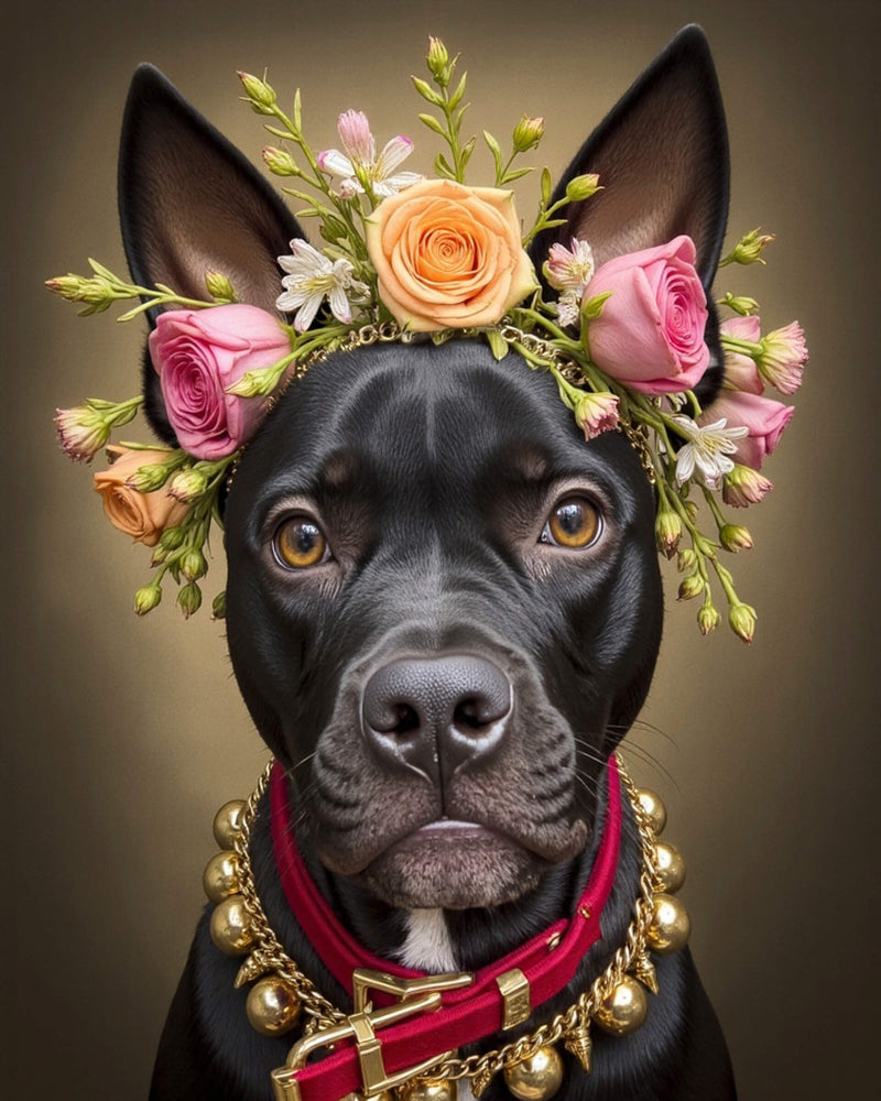 A Boston Terrier and Pit Bull mix sits, looking into the camera, adorned with a crown of flowers. This image exemplifies Paco Floyd’s Custom Pet Portrait 'Flower Crown' style.