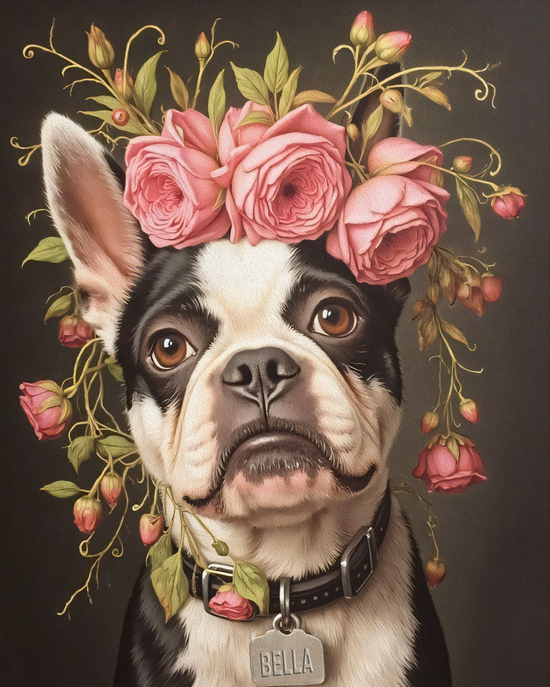 An oil painting of a Boston Terrier adorned with a crown of flowers. This image exemplifies Paco Floyd’s Custom Pet Portrait 'Flower Crown' style.