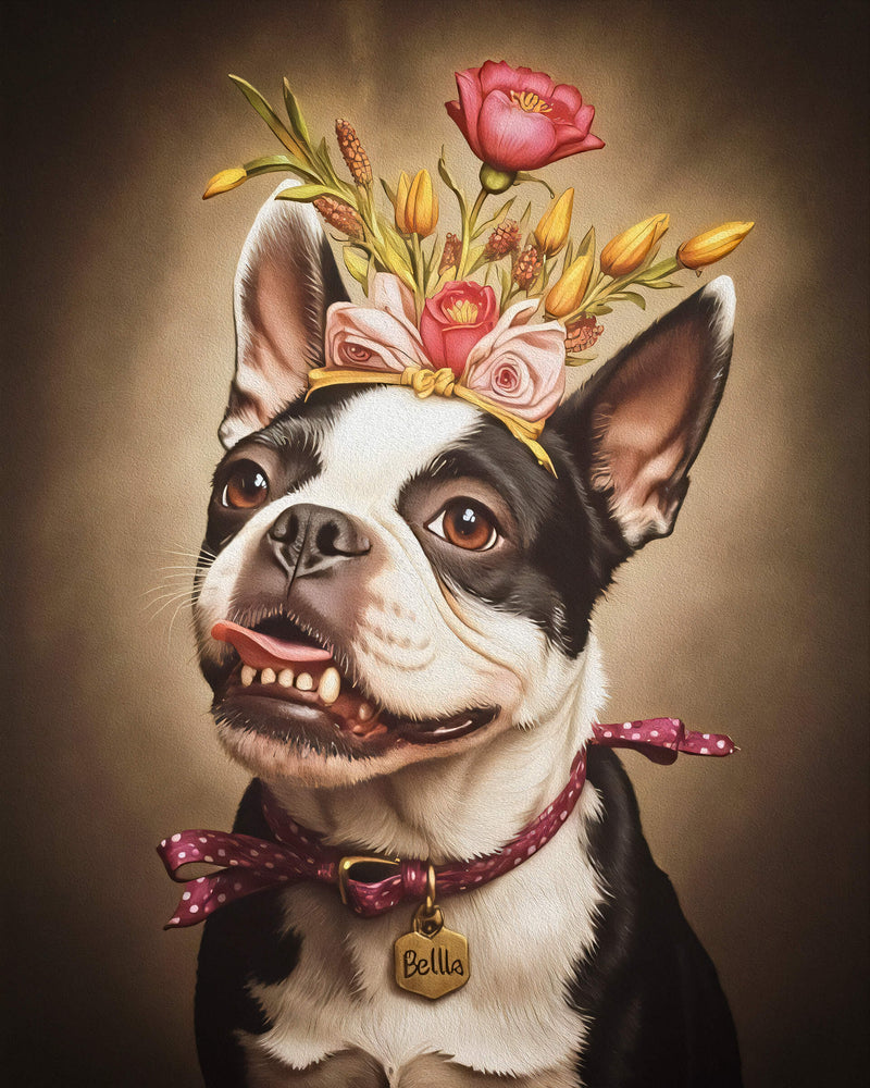 An oil painting of a Boston Terrier adorned with a crown of flowers. This image exemplifies Paco Floyd’s Custom Pet Portrait 'Flower Crown' style.