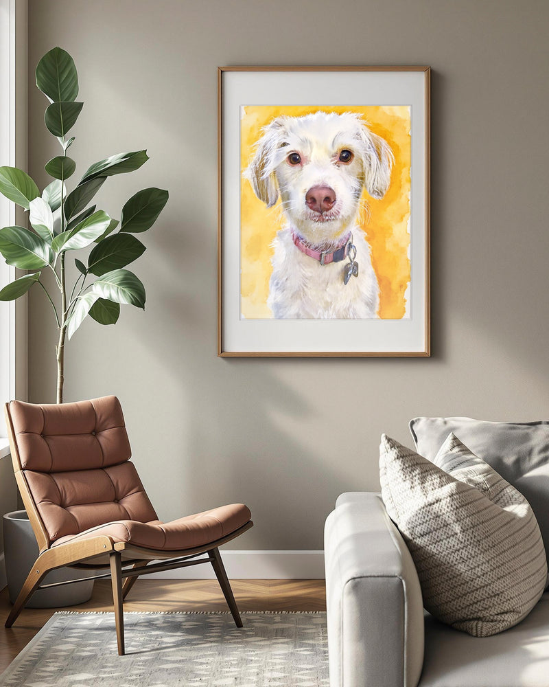 A mid-century modern living room with a framed watercolor painting of a small white dog hanging on the wall above a chair. The portrait of the dog is an example of Paco Floyd’s 'Watercolor' style.