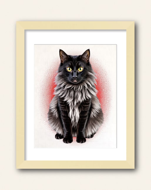 Photo showing a example of a natural wood frame with white matte to purchase from the Paco Floyd Custom Pet Portrait website.