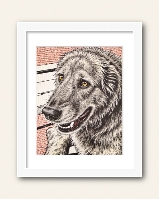 Photo showing a example of a white frame with white matte to purchase from the Paco Floyd Custom Pet Portrait website.