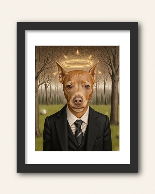 Photo showing a example of a black frame with white matte to purchase from the Paco Floyd Custom Pet Portrait website.
