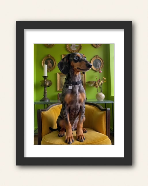 Photo showing a example of a black frame with white matte to purchase from the Paco Floyd Custom Pet Portrait website.