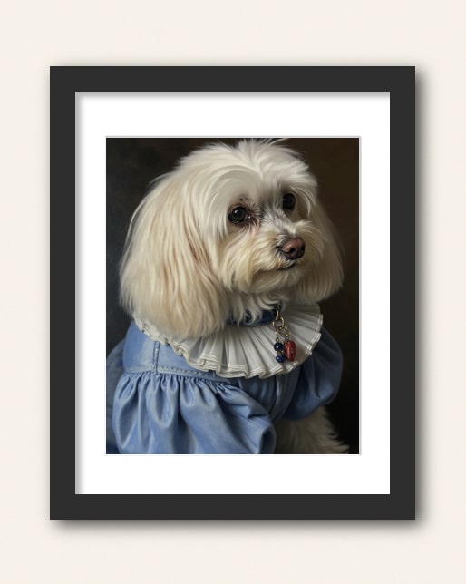 Photo showing a example of a black frame with white matte to purchase from the Paco Floyd Custom Pet Portrait website.