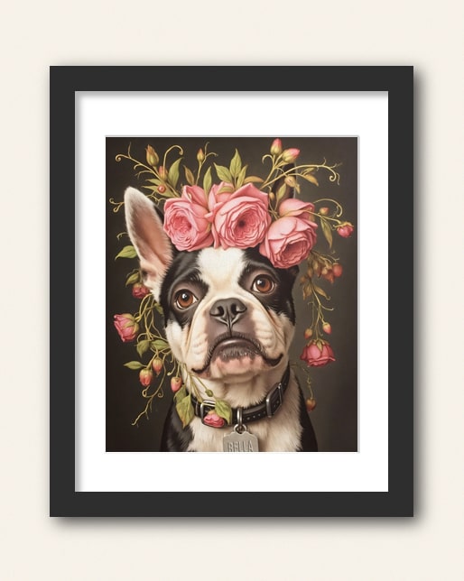 Photo showing a example of a black frame with white matte to purchase from the Paco Floyd Custom Pet Portrait website.