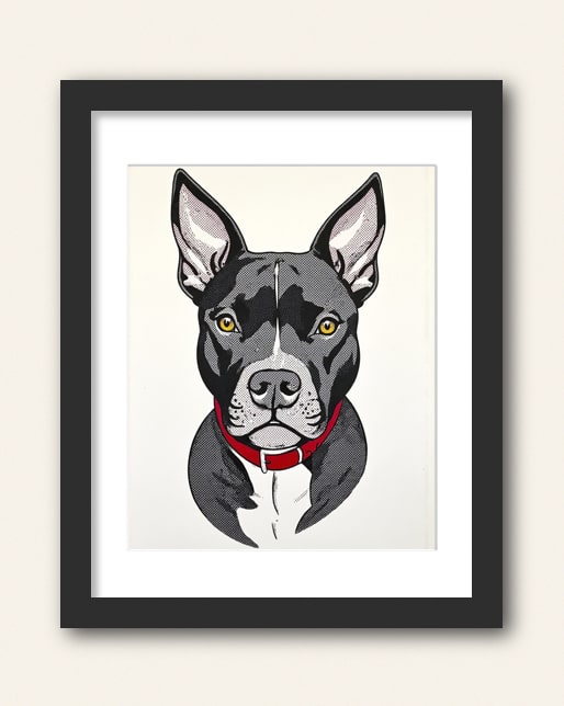 Photo showing a example of a black frame with white matte to purchase from the Paco Floyd Custom Pet Portrait website.